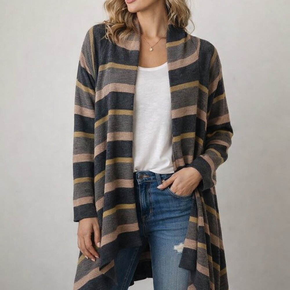Cynthia Rowley, size L/XL 100% merino wool Brown Striped Open Front Cardigan
